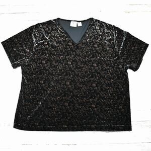 90's Vintage black green/tan floral stretch velvet top size 2X whimsigoth boho
